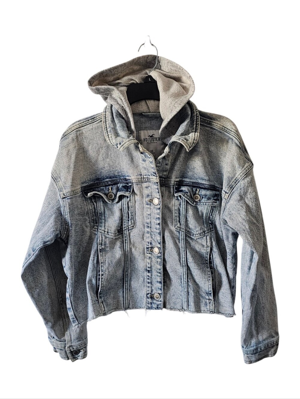 Hollister Hooded Denim Jacket Womens XS Light Acid Wash Distressed Cropped